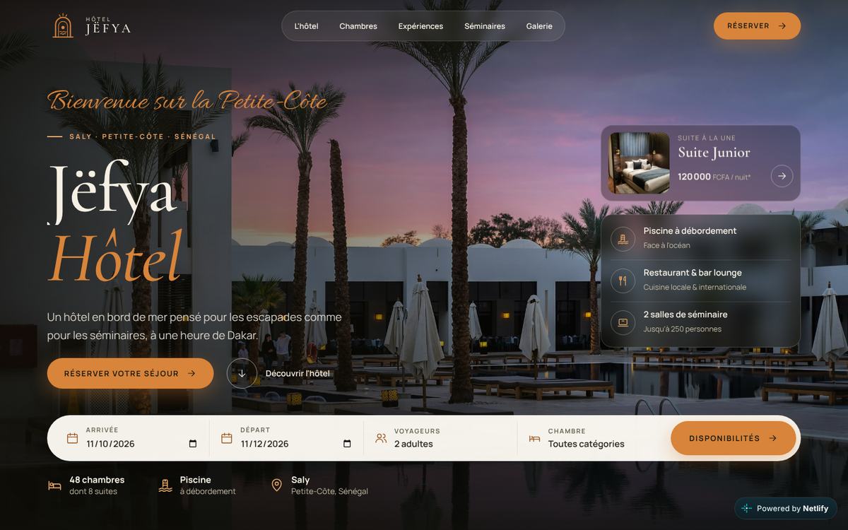 Page d'accueil du site Jëfya Hôtel